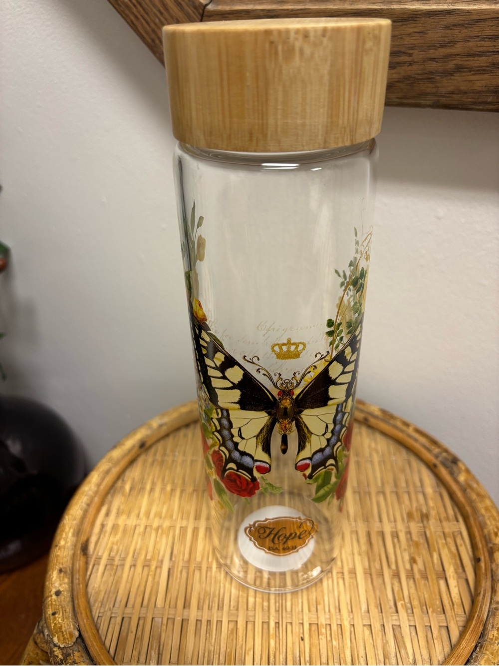 Yellow Butterfly Glass Water Bottle with Bamboo Lid